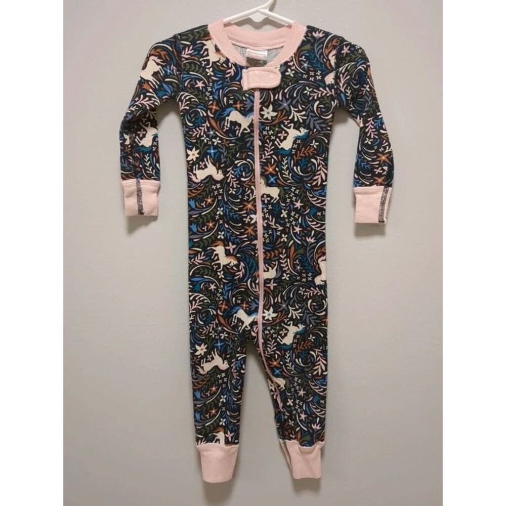Hanna Andersson Black Floral Unicorn Organic Cotton Pajamas Sleeper 80 18/24 Mon